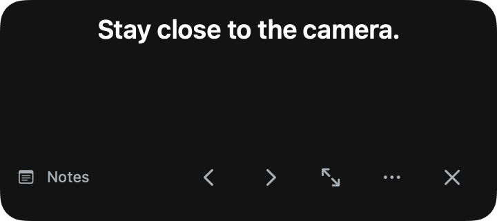 Cuey Zoom teleprompter on Mac in Notes mode, showing one talking point with back and forward arrows