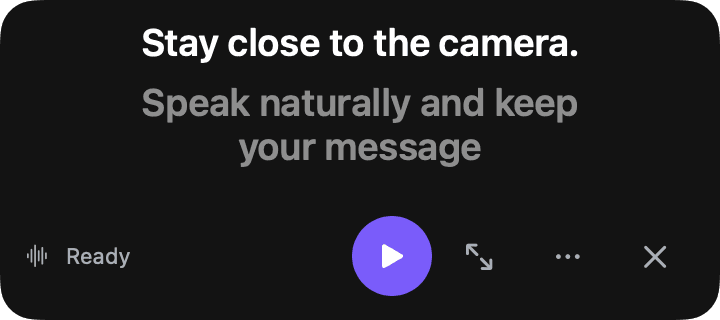 Cuey teleprompter window in Follow mode showing Ready, a waveform icon and a purple play button, the prompt you keep out of a window-only screen share on Mac